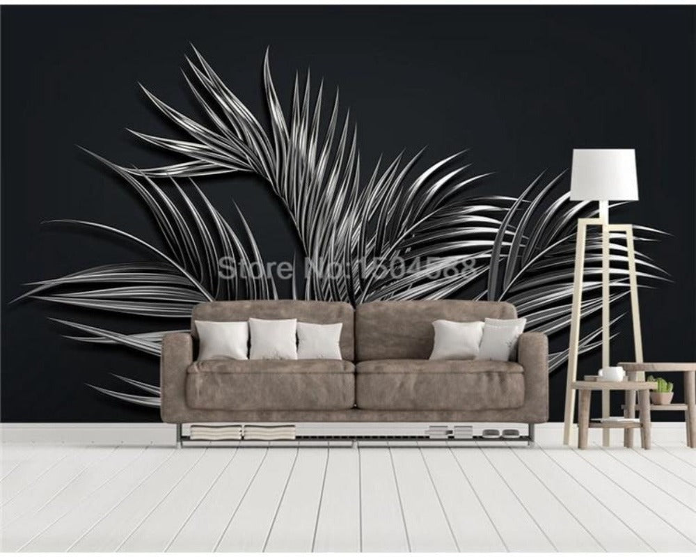3D Wallpaper Black Tropical Steel Leaf